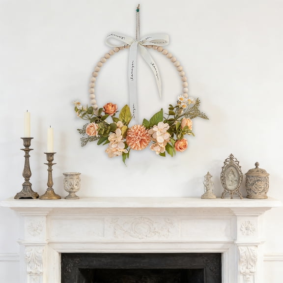 Boho Bamboo Hoop Floral Wreath, Artificial Spring Flower Wall Hanging, Minimalist Wall Decor for Living Room, Bedroom, Easter & Farmhouse Decor