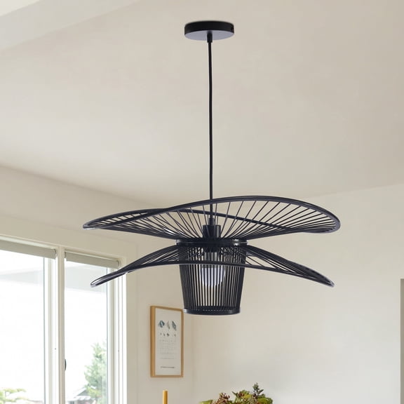 Boho Bamboo Pendant Light Fixture Modern Style Hanging Light Bohia Bamboo Handmade1-Light Hanging Lamp for Farmhouse Bedroom Living Room Dining Room,Black