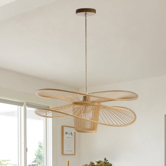 Booniture Boho Bamboo Pendant Light Fixture, Modern Natural Handmade 1-Light Black Hanging Lamp, Farmhouse Lighting for Bedroom Living Room Dining Room