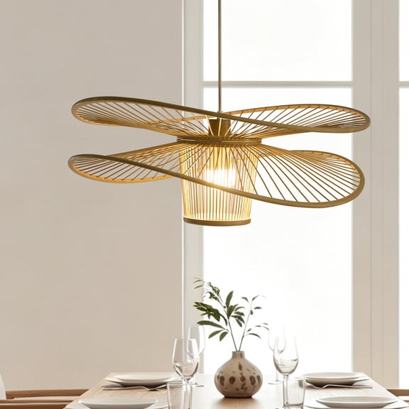 Booniture 23.5 Inch Wide Boho Flower Bamboo Pendant Light, E26 Base with Test Bulb Included, Adjustable Rod Max 71 Inches for Kitchen Island & Dining Room, Natural