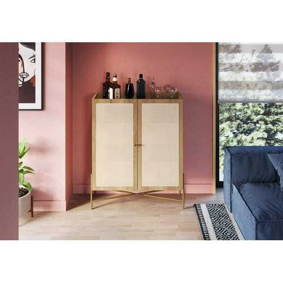 Boho Bar Cabinet - 36"L x 43"H with Gold Iron Legs, 2 Rattan Door Sideboard, Coastal Oak