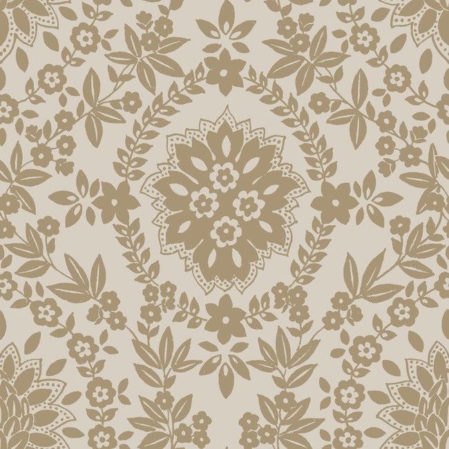 Taupe and Gold Damask Peel and Stick Wallpaper Roll