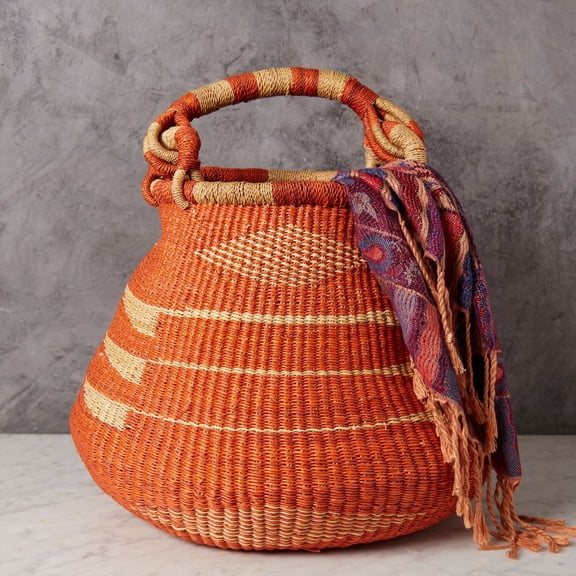 Boho Basket for Picnic, Living Room Blankets, and Garden Harvest, Orange Bolga African Basket, 16 Inch Wide
