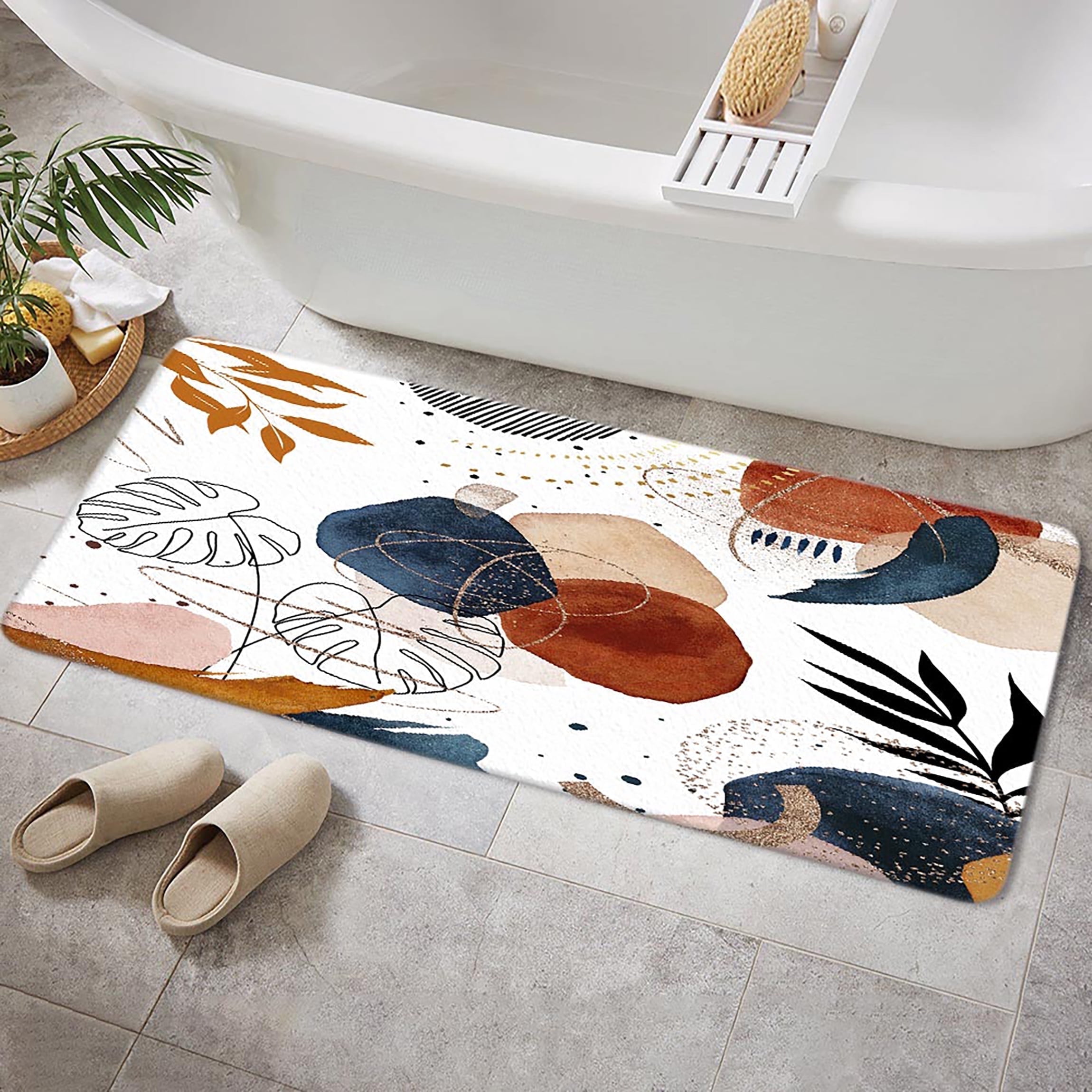 Boho Bath Mats Rugs For Bathroom, Modern Abstract Mid Century Flannel Bathroom Floor Mat Bath Shower Rug Non Slip, Contemporary Art Terracotta Print Doormat Mat Bathroom Accessories Decor 16X48 inch