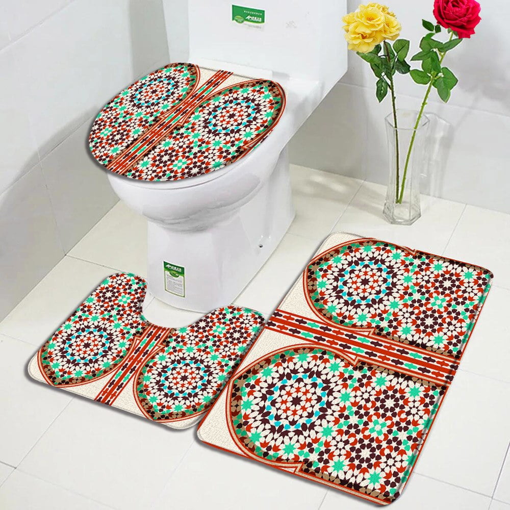 Boho Bath Mats Set Retro Moroccan Ethnic Floral Pattern Door Pad Modern