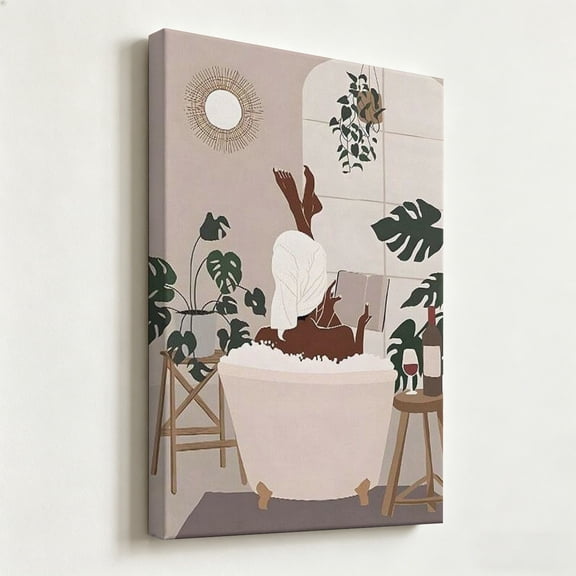 "Boho Bath Reading Room" Minimalist Canvas Art, Black Woman Reading in Bubble Bath Print, Matte Finish Gallery Wrapped Modern Bathroom Wall Decor 8*12