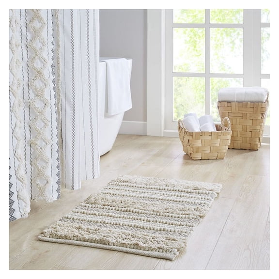 Boho Bath Rug 20x32, Woven Stripe Bathroom Rug Non-Slip, Soft Shaggy Texture Rug for Bathroom, Tub, Shower, Beige