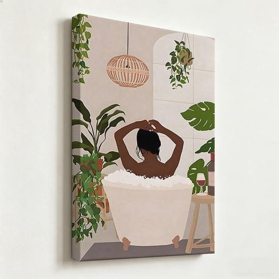 "Boho Bath Sanctuary" Minimalist Canvas Art, Black Woman Relaxing in Bubble Bath Print, Matte Finish Gallery Wrapped Modern Bathroom Wall Decor 16*24