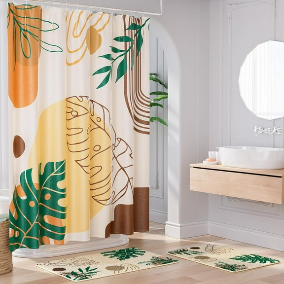 Boho Bathroom Accessory Set, Shower Curtain with Rugs, Palm Plush Bath Mat Rugs Set, Mid Century Fabric Shower Curtain with Hooks, Bathroom Shower Curtain Set, Morden Bathroom Decor