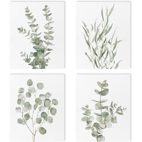 Boho Bathroom Decor Wall Art,Green Eucalyptus Plant Prints for Bedroom,Office,Nature Artificial Poster Set of 4pcs