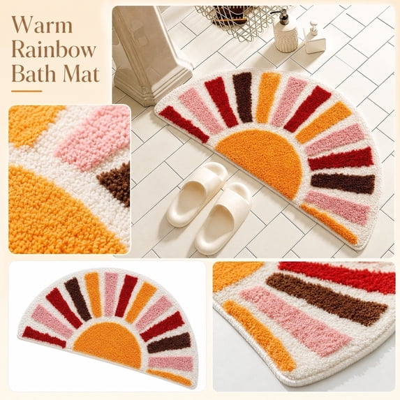 Boho Bathroom Floor Mat, Cute Boho Bath Mat, Super Absorbent Bath Mat, Machine Washable Bath Mats for Bathroom Floor, Non-Slip Half Circle Rug Mat, 24X16 Inch Rainbow Sun Pattern