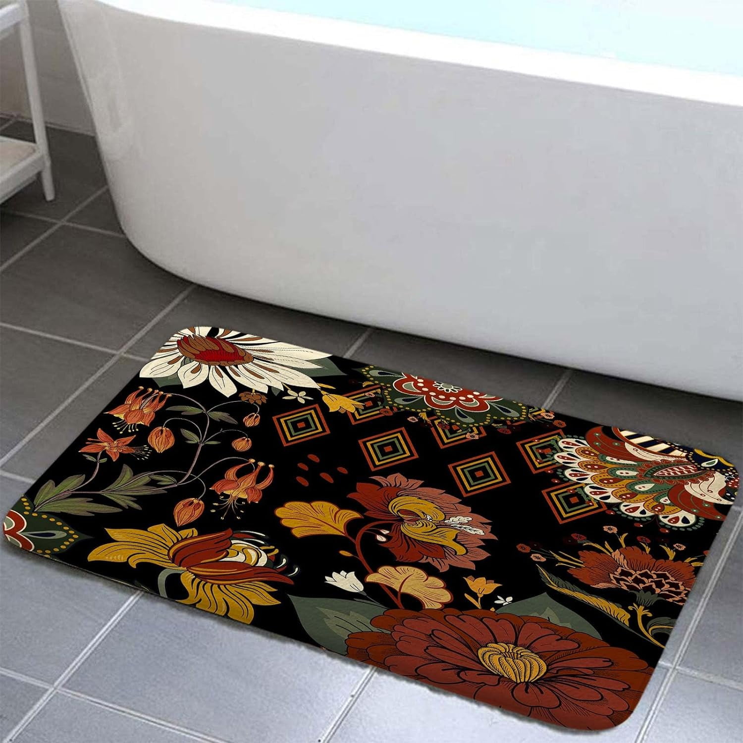 Boho Bathroom Rug Bath Mat, Mid Century Morden Abstract Botanical Colorful Bohemian Flowers Tropical Leaves Kitchen Shower Mat, Brown Beige Floral Bedroom Door Mat,17X48in
