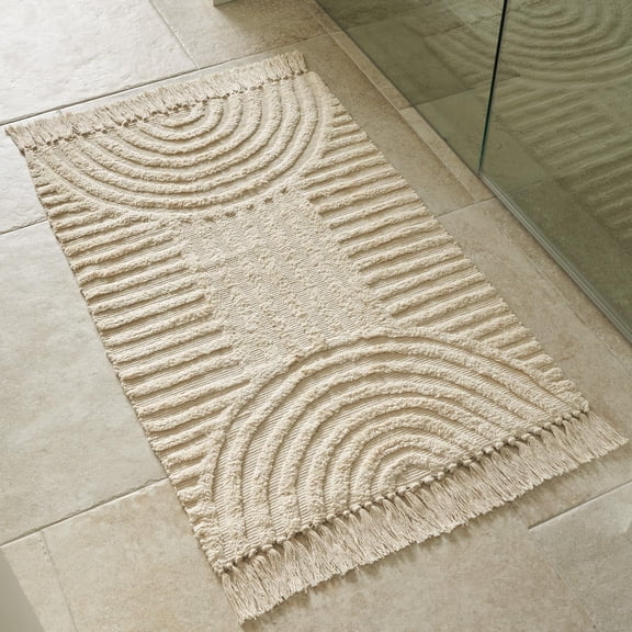 Boho Bathroom Rug with Tassels 24x36 Inch, Soft Cotton Washable Non-Slip Bath Mat, Decorative Runner for Bathroom, Bedroom, Living Room, Modern Home Decor, Cream Beige