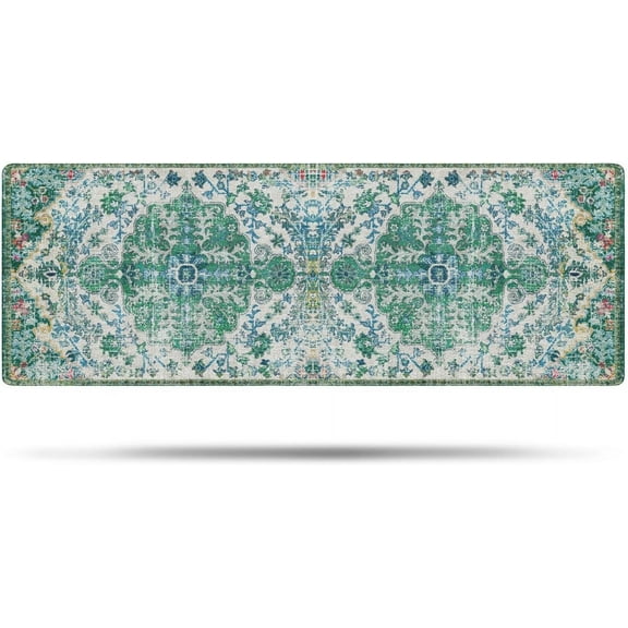 Boho Bathroom Rug, Vintage Distressed Kitchen Mat, Non-Slip Oriental Entryway Door Mat Low-Pile Floor Carpet for Bedroom Laundry Bedside, Washable Bath Rug 17" x 47"