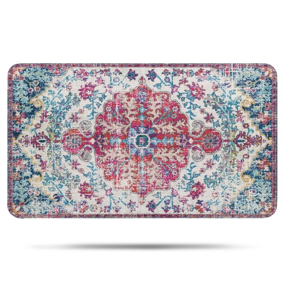 Boho Bathroom Rug, Vintage Distressed Kitchen Mat, Non-Slip Oriental Entryway Door Mat Low-Pile Floor Carpet for Bedroom Laundry Bedside, Washable Small Bath Rug 17"x30"Blue-Red