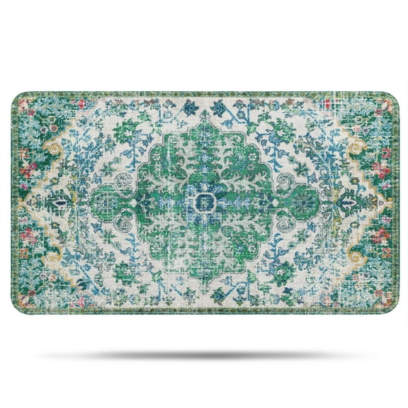 Boho Bathroom Rug, Vintage Distressed Kitchen Mat, Non-Slip Oriental Entryway Door Mat Low-Pile Floor Carpet for Bedroom Laundry Bedside, Washable Small Bath Rug 17"x30"Blue-Green