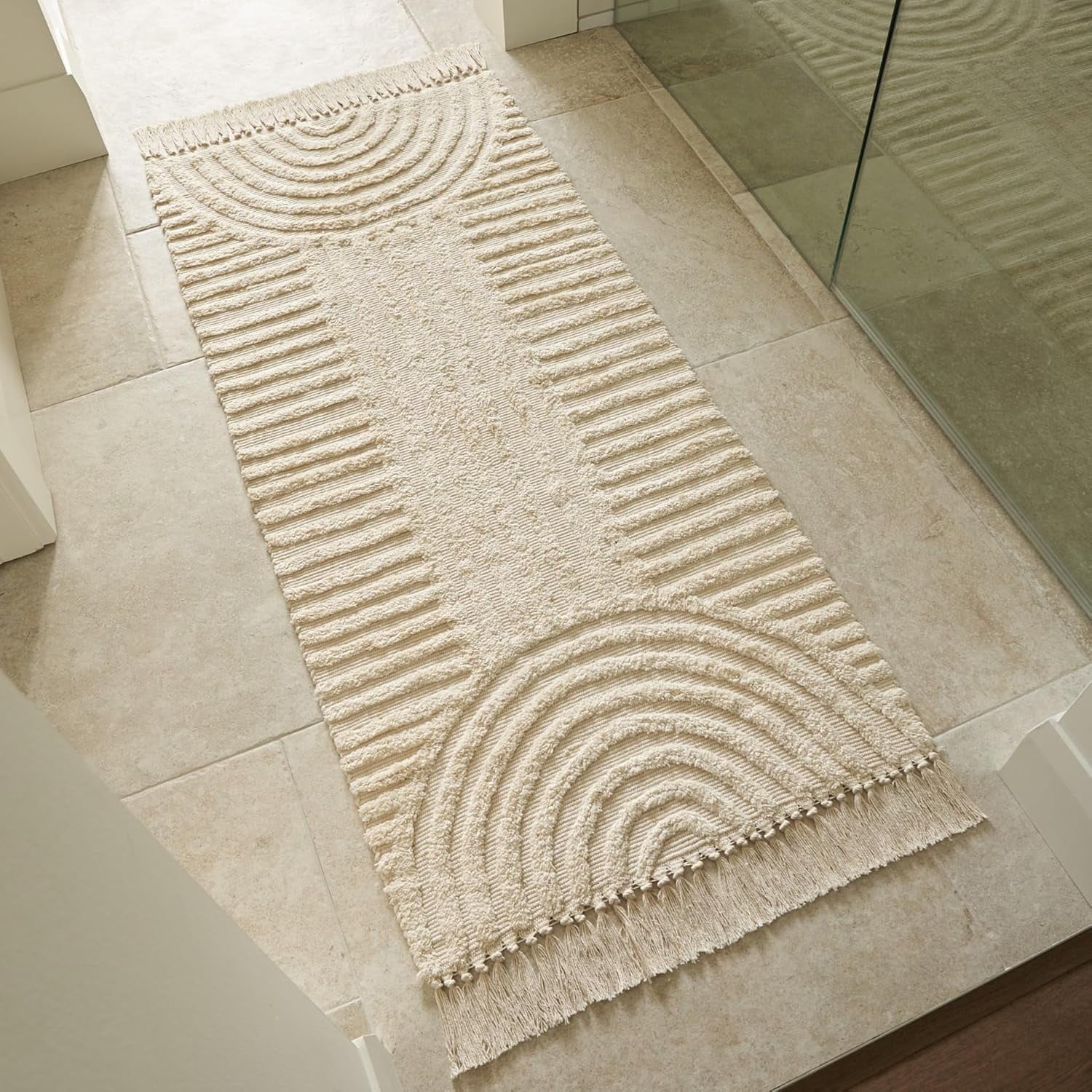 Boho Bathroom Rug with Tassels - Soft, Washable, Non-Slip Cotton Mat - Perfect 2x4.3 ft. Size to Enhance Modern Home Decor