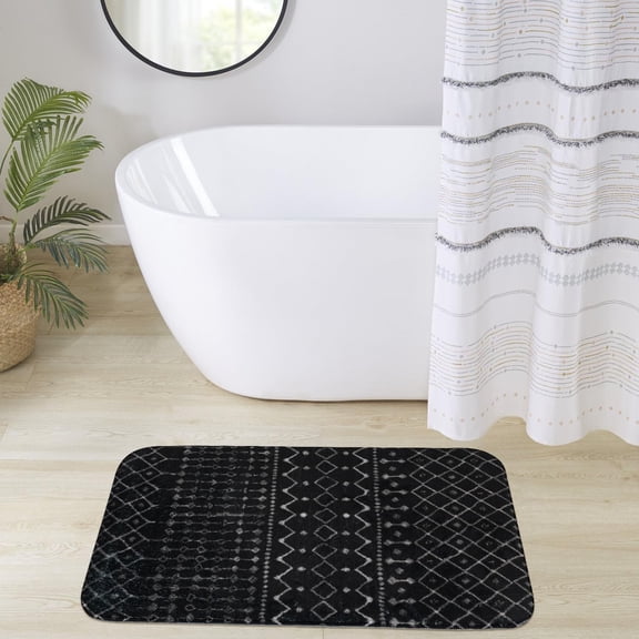 Boho Bathroom Rugs,Modern Farmhouse Bohemian Moroccan Bath Rugs for Bathroom Floor,Microfiber Soft Washable Quick Dry Non-Slip Bath Mats for Bathtub Decor (Black 17"x27")