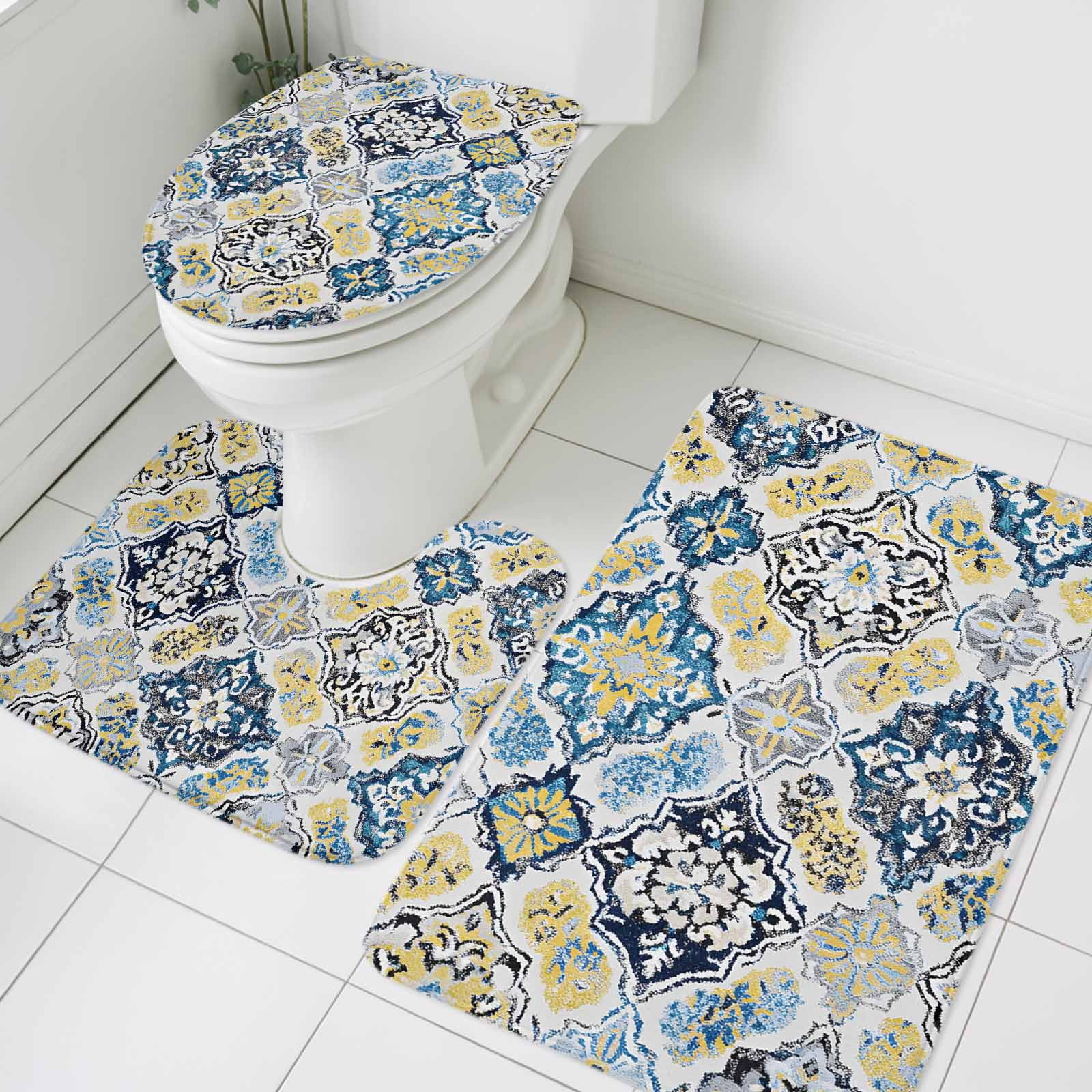 Boho Bathroom Rugs Set Abstract Retro Floral Yellow Blue Ethnic Style ...