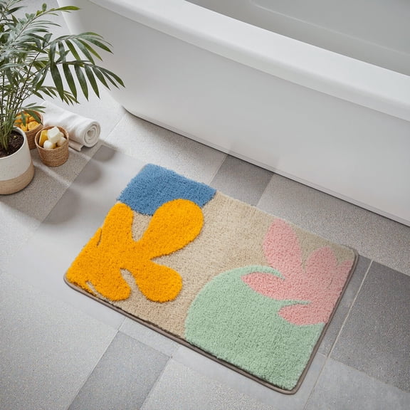 Boho Bathroom Rugs Yellow and White Sun Bath Mat Non Slip Water Absorbent Microfiber Bath Rug Modern Minimalism Aesthetic Machine Washable Floor Mats for Bathtub Sink Shower, 18x26 inch