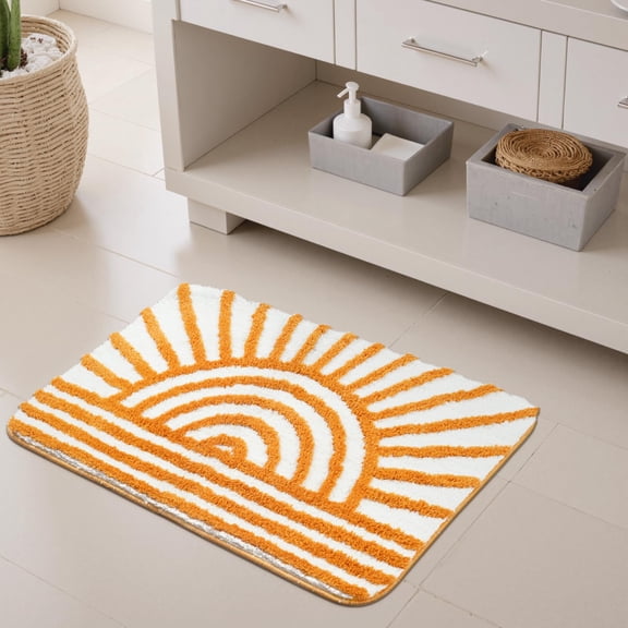 Boho Bathroom Rugs Yellow and White Sun Bath Mat Non Slip Water Absorbent Microfiber Bath Rug Modern Minimalism Aesthetic Machine Washable Floor Mats for Bathtub Sink Shower, 18x26 inch