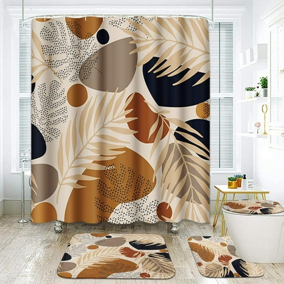 Boho Bathroom Set with Shower Curtain Sets and Rugs Accessories, Mid Century Sun Brown Leaves Modern Shower Curtain for Bathroom Decor 4 Pcs
