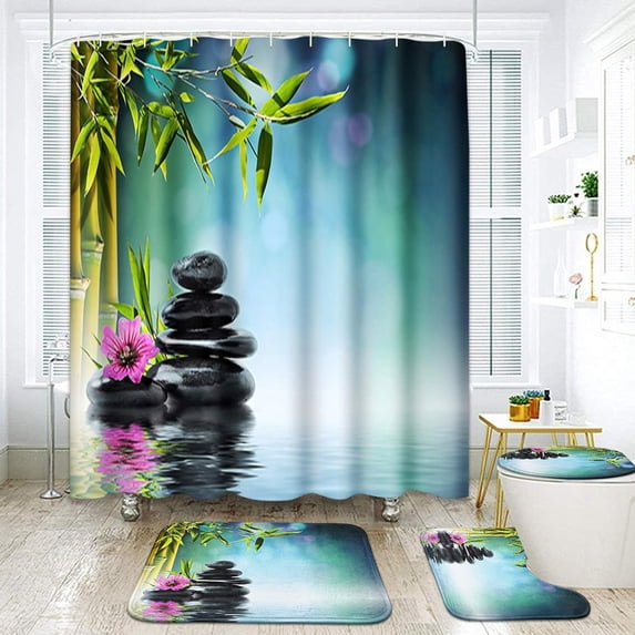 Boho Bathroom Set with Shower Curtain Sets and Rugs Accessories, Mid Century Sun Brown Leaves Modern Shower Curtain for Bathroom Decor 4 Pcs