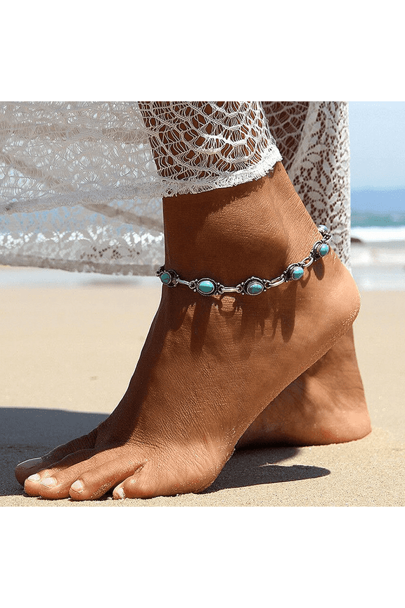 Boho Beach Adjustable Round Turquoise Beaded Anklet