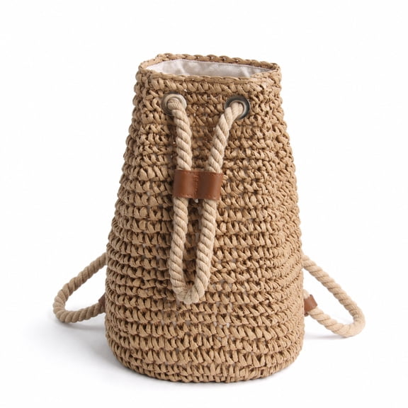 Boho Beach Backpack Straw Woven Bucket Bag for Women Small Beachy Coastal Tote Purse Summer Vacation Travel Casual Drawstring Back Pack Adjustable Strap Cotton Linen Basket Bohemian