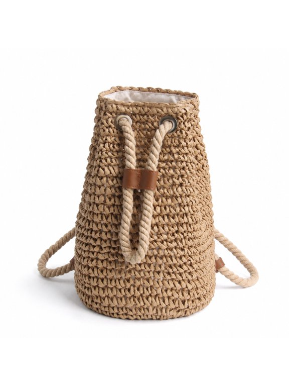 Boho Beach Backpack Straw Woven Bucket Bag for Women Small Beachy Coastal Tote Purse Summer Vacation Travel Casual Drawstring Back Pack Adjustable Strap Cotton Linen Basket Bohemian