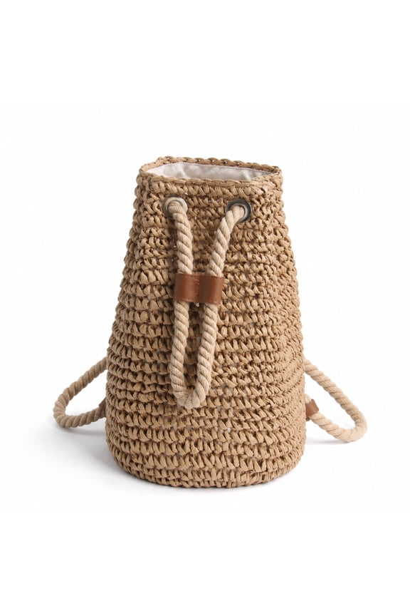 Boho Beach Backpack Straw Woven Bucket Bag for Women Small Beachy Coastal Tote Purse Summer Vacation Travel Casual Drawstring Back Pack Adjustable Strap Cotton Linen Basket Bohemian