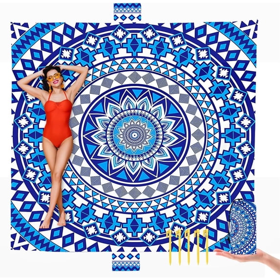 Boho Beach Blanket Sandproof Waterproof Extra Large Blanket for 1-6 Adults Size 79"x79" with Ground Mails, Pouch Bag, Anti Sand, Outdoor Blue Blanket