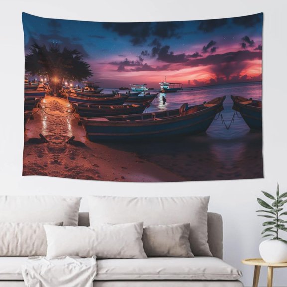 Boho Beach Boat Tapestry Aesthetic Wall Hanging Vertical Wall Art 60 x 40 Inch Decorative Vintage Poster Flag for Bedroom Living Room Decor
