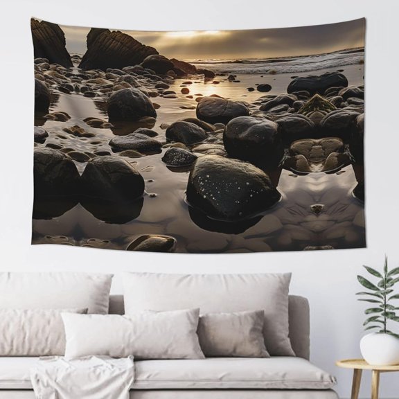 Boho Beach Boulders Wall Tapestry Aesthetic Vertical Hanging Decorative Vintage Poster Flag 60 x 40 Inch for Bedroom and Living Room Decor