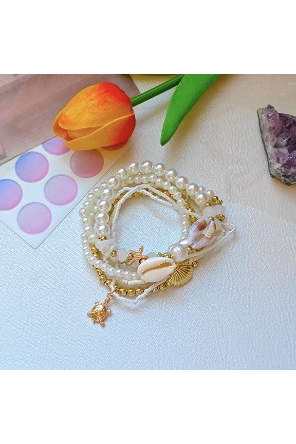 Boho Beach Bracelet Set 7 Layered Gold Tone Shell Starfish Beaded Stretch Elastic Friendship Jewelry for Women-gifts for women