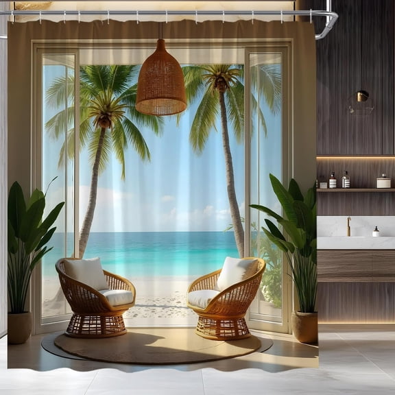Boho Beach Coastal Shower Curtain Ocean Seaside Seascape Hawaiian Beachy Palm Tree Nature Scenery Home Fabric Bathroom Decor Set Include Hook-72"W x 72"L (Pack of 1)