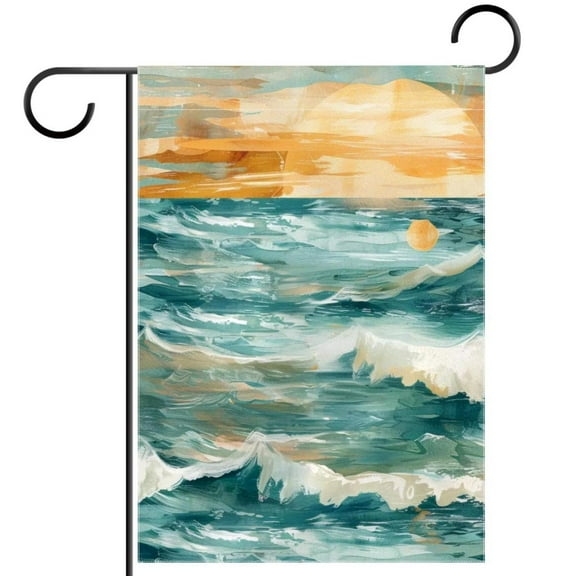 Boho Beach Coastal Teal Ocean Sunrise Pattern Garden Flag Double Sided House Flag for Outdoor Home, Personalized All Year Round Yard Decor 12 x 18 Inch
