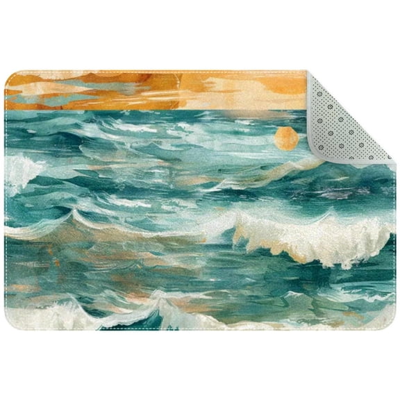 Boho Beach Coastal Teal Ocean Sunrise Pattern Small Area Rug, Non-Slip Door Mat Indoor Floor Mat, Washable Kitchen Rug Entrance DMat for Bedroom Living Room