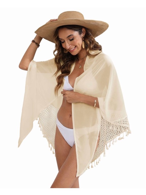 Boho Beach Cover Ups for Women Sarong Coverups Sheer Bikini Chiffon Wraps Skirts for Swimwear Apricot One size