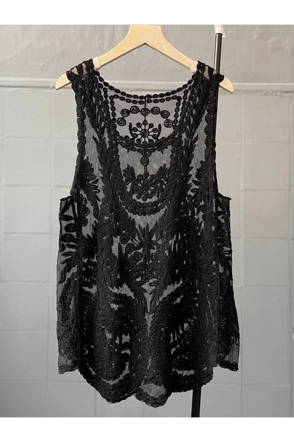 Boho Beach Cover-up Sexy Sleeveless Blouse Shirt Women Lace Top Summer Mini Vestidos Floral Embroidery T-Shirts Tank Tee Shirts