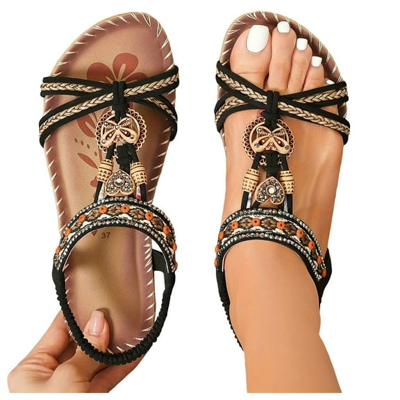 Boho Beach Dress Sandals for Women 2025 Ethnic Bohemia Summer Braided Open Toe Wedge Low Heels Dressy Sandals