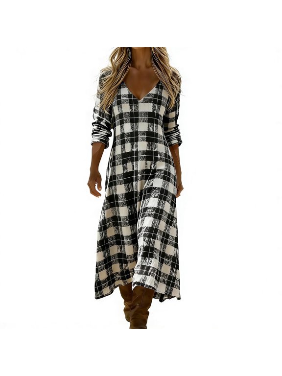 Boho Beach Dresses Womens Long Sleeve Plaid Spring Flowy Dress Casual Travel Airport Outfits, White 2XL