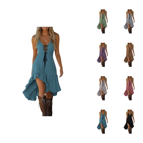Boho Beach Dresses for Women Sleeveless Spaghetti Strap V Neck Lace Up Smocked Waist Flowy Asymmetrical Hem Midi Dress