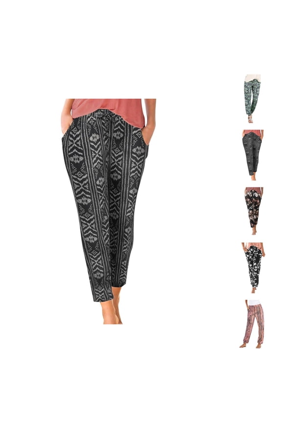 Boho Beach Pants for Women 2026 Spring Summer Floral Print Elastic Waist Straight Leg Joggers Casual Pants with Pockets