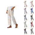 thumbnail image 1 of Boho Beach Pants for Women Casual Floral Print Elastic Waist Wide Straight Leg Loose Linen Cropped Pants with Pockets, 1 of 4