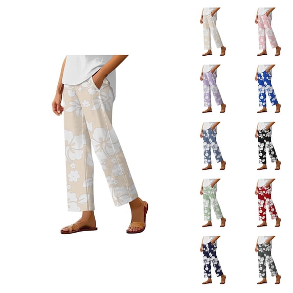 Boho Beach Pants for Women Casual Floral Print Elastic Waist Wide Straight Leg Loose Linen Cropped Pants with Pockets
