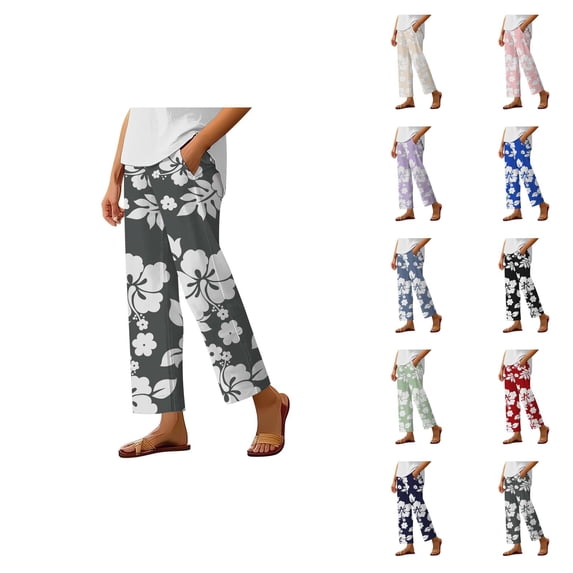 Boho Beach Pants for Women Casual Floral Print Elastic Waist Wide Straight Leg Loose Linen Cropped Pants with Pockets