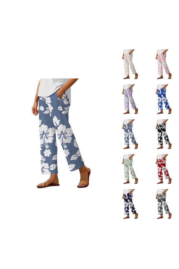 Boho Beach Pants for Women Casual Floral Print Elastic Waist Wide Straight Leg Loose Linen Cropped Pants with Pockets