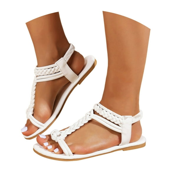 Boho Beach Sandals for Women 2025 Summer Bohemia Braided T-Strap Elastic Slingback Flat Dress Sandals Wedding