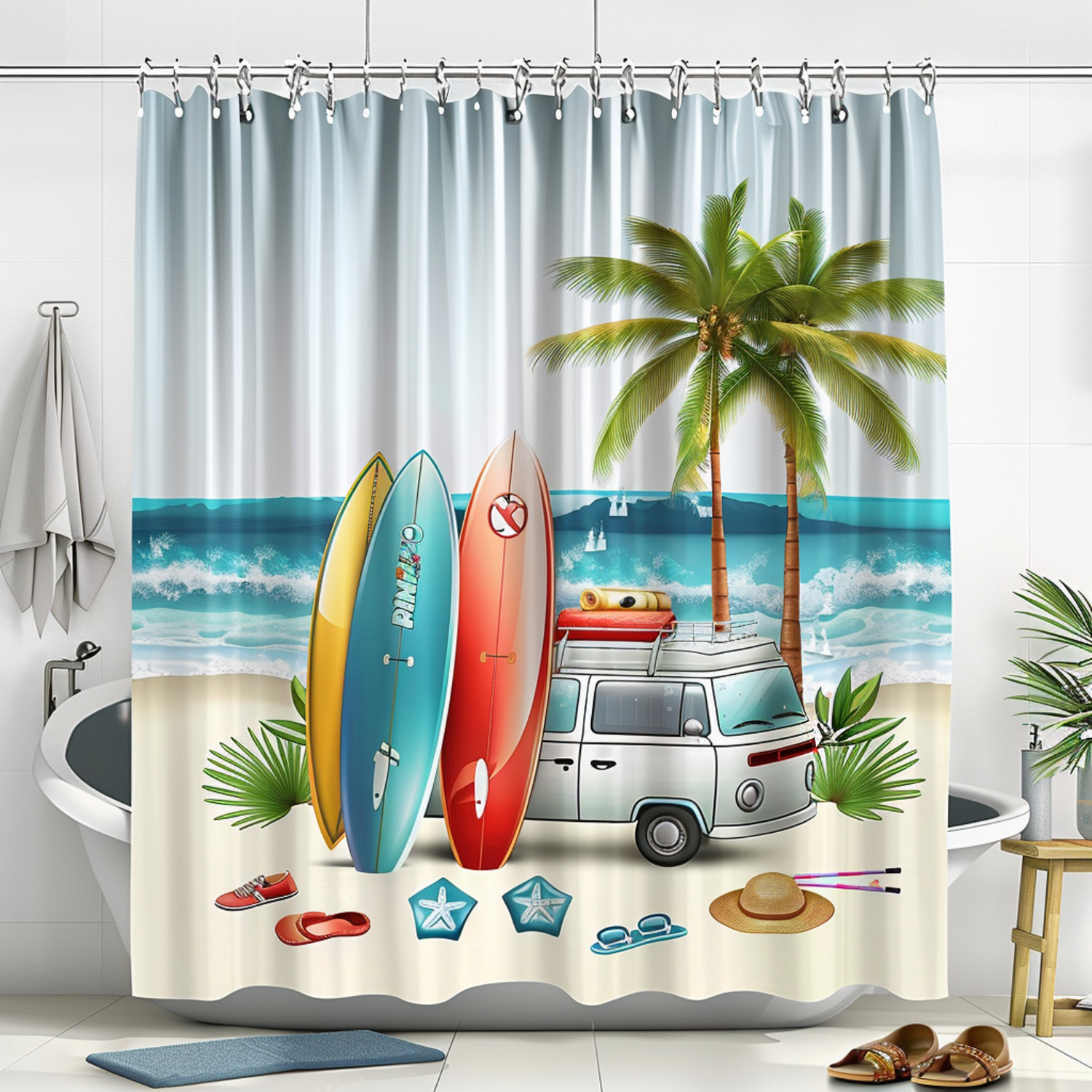 Boho Beach Surfboard Shower Curtain with Palm Trees Van and Shoes